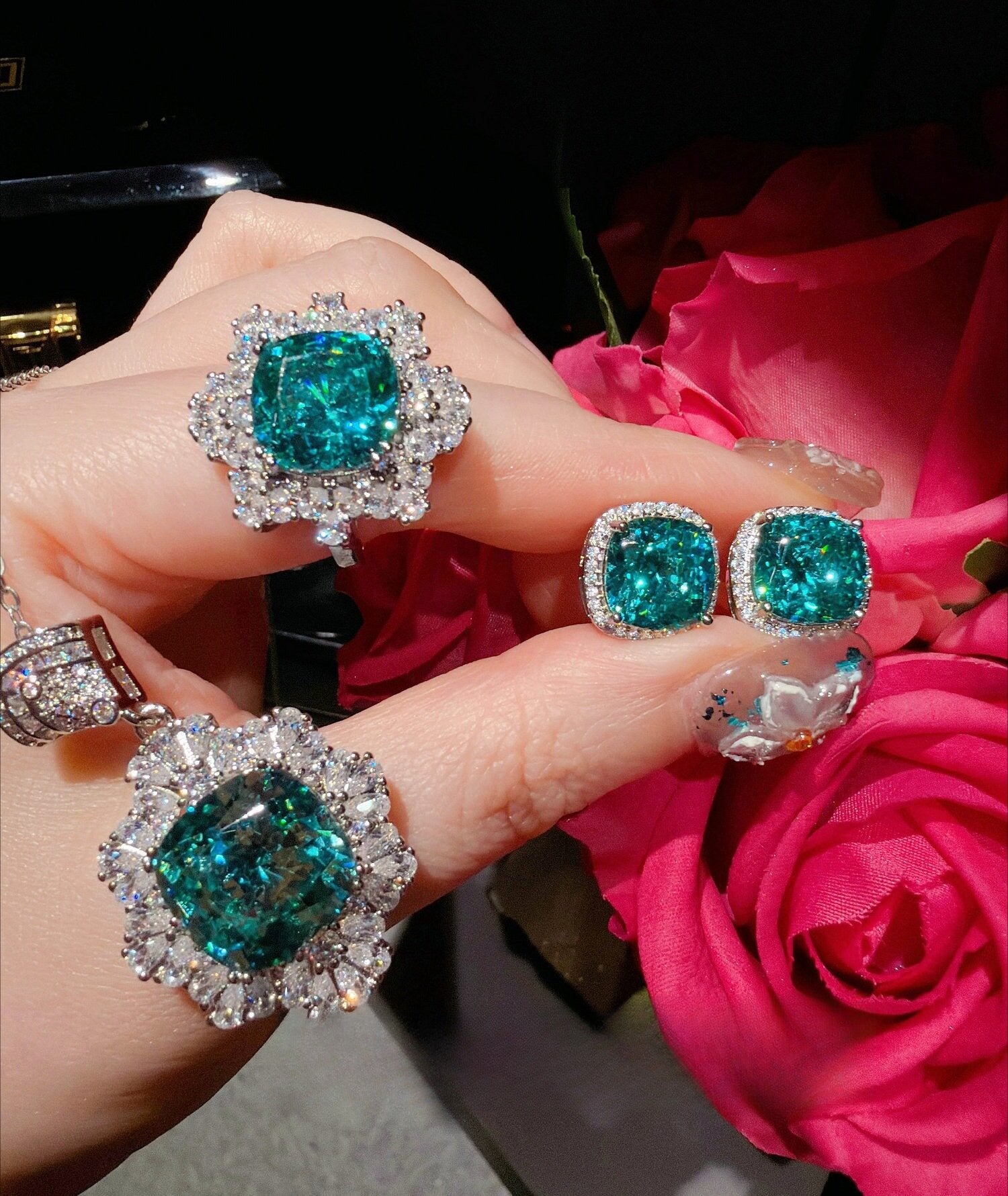Paraiba Blue-Green Floral Jewelry Set