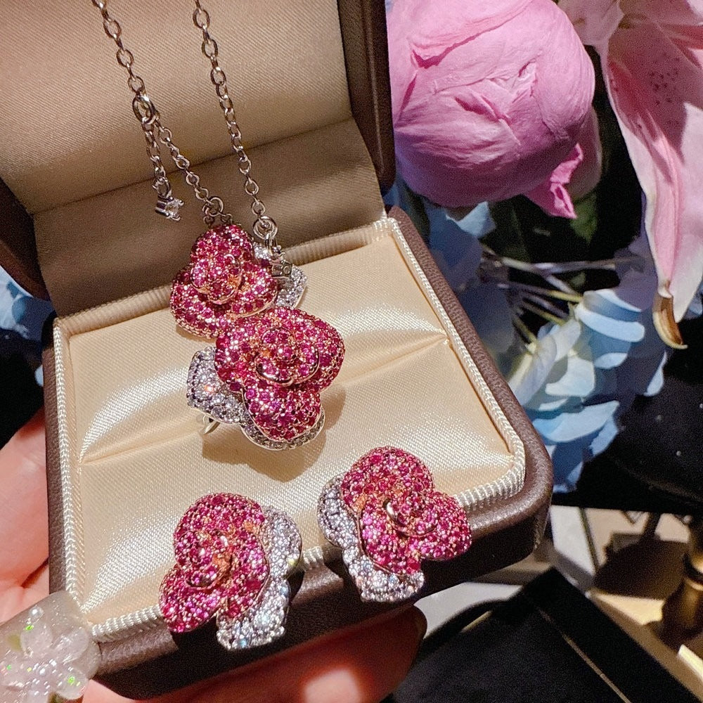 The Midnight Rose Collection|Crimson Floral Pavé Jewelry Set