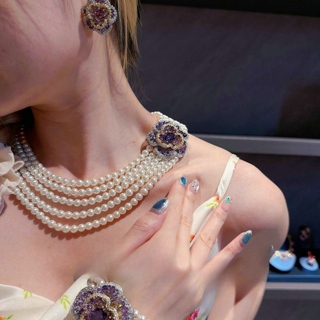 Royal Amethyst Floral Pearl Statement Jewelry Set