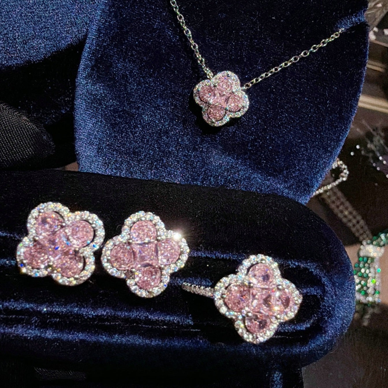 Blush Pink Four-Leaf Clover Full Pavé 18K Gold Plated Jewelry Set