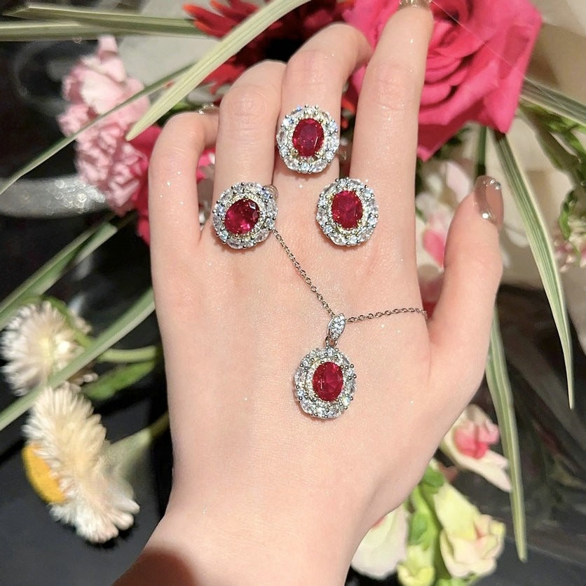 Vintage 18K Gold-Plated Ruby-Tone Jewelry Set