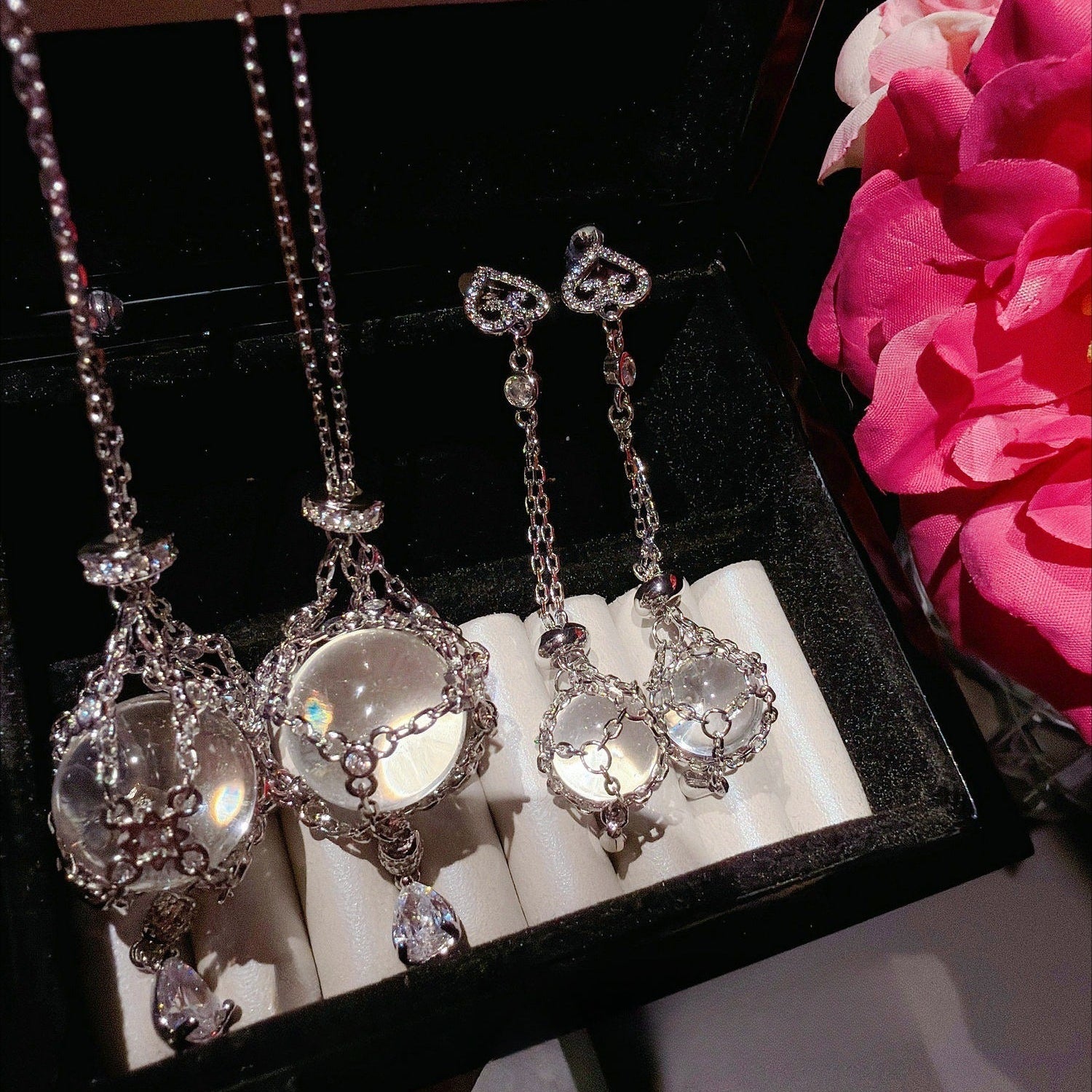 Whimsical Waterdrop Crystal Orb Necklace & Earrings Set