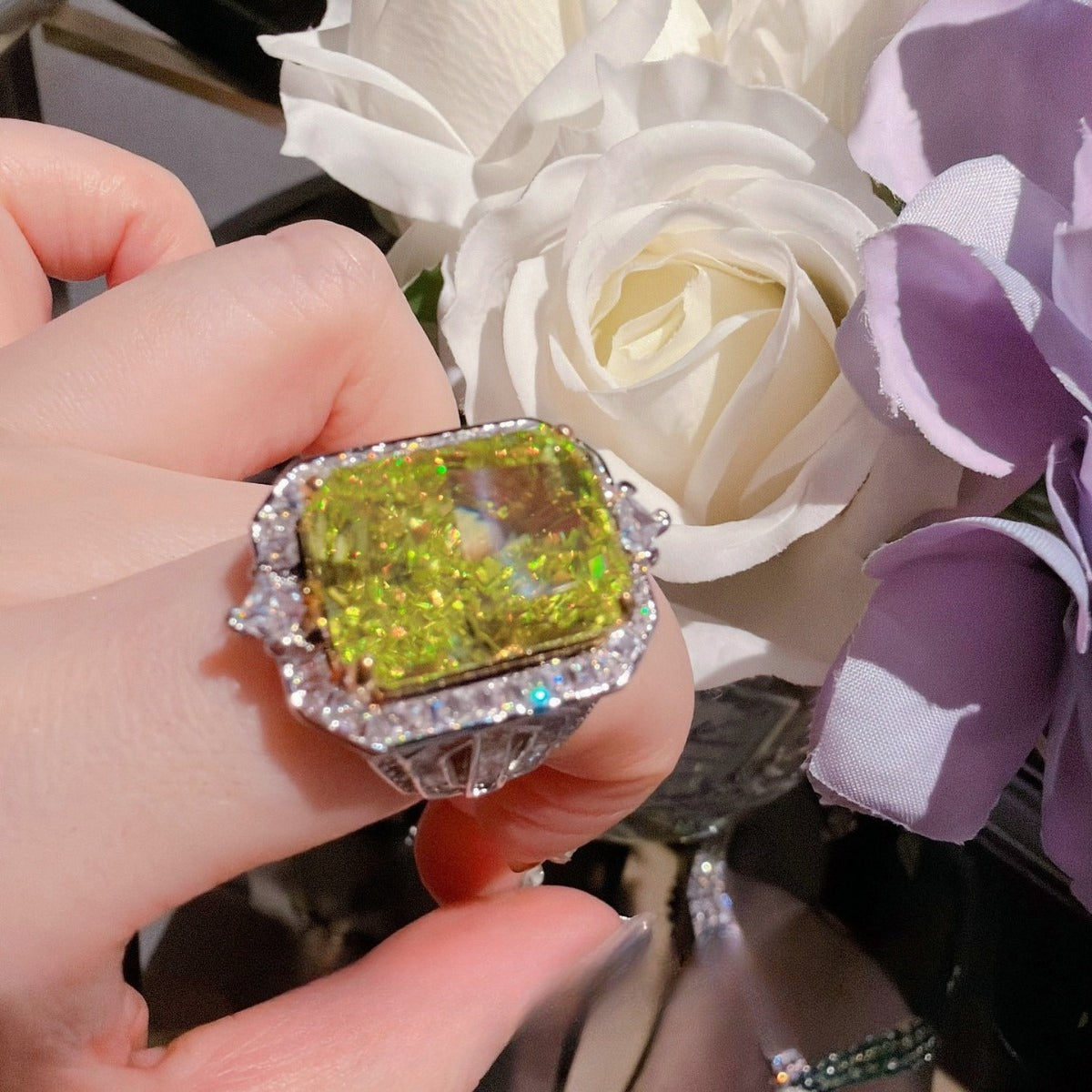 18K Gold-Plated Cushion-Cut Petal Halo Necklace & Ring