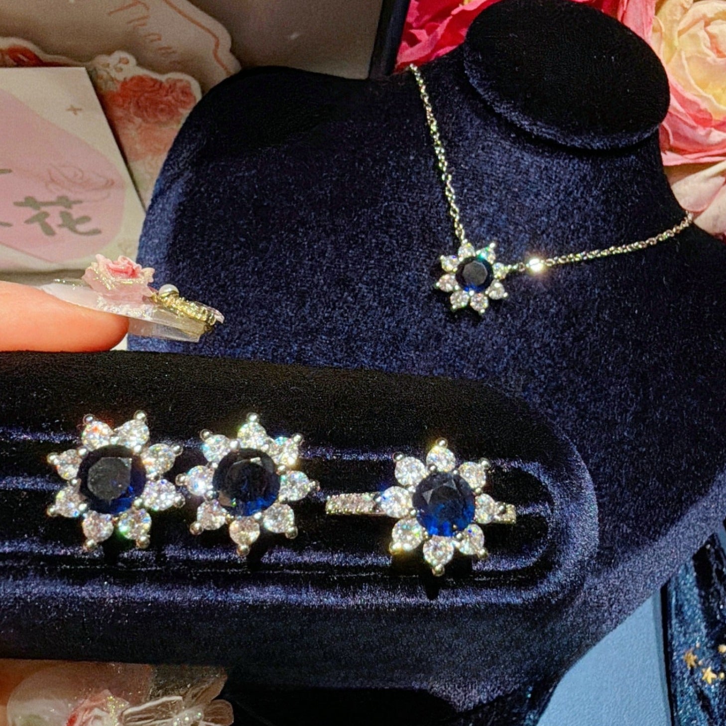 Opulent Sunflower Sapphire Blue Jewelry Set