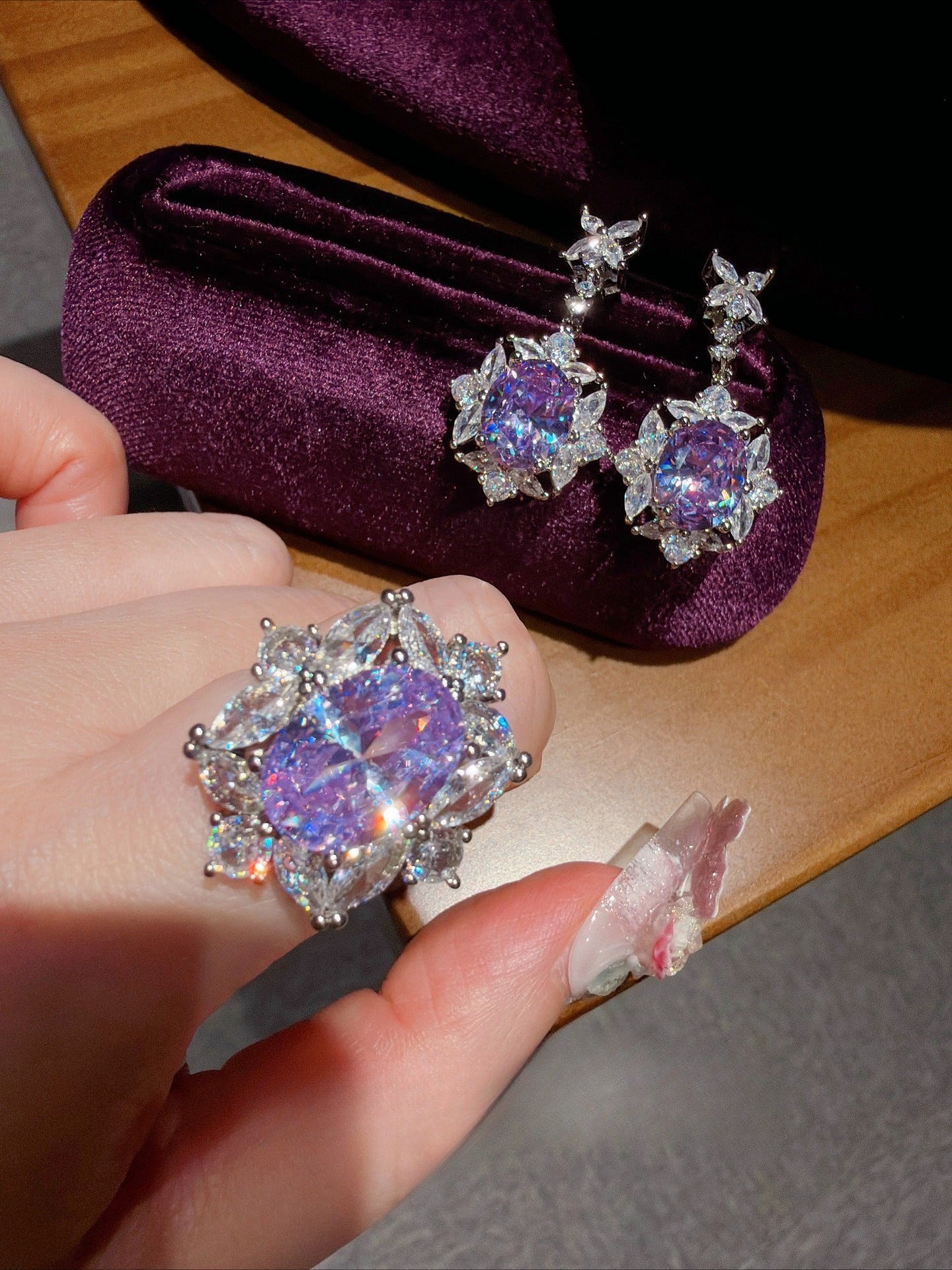 Ethereal Purple Blossom Layered Violet CZ Jewelry Set