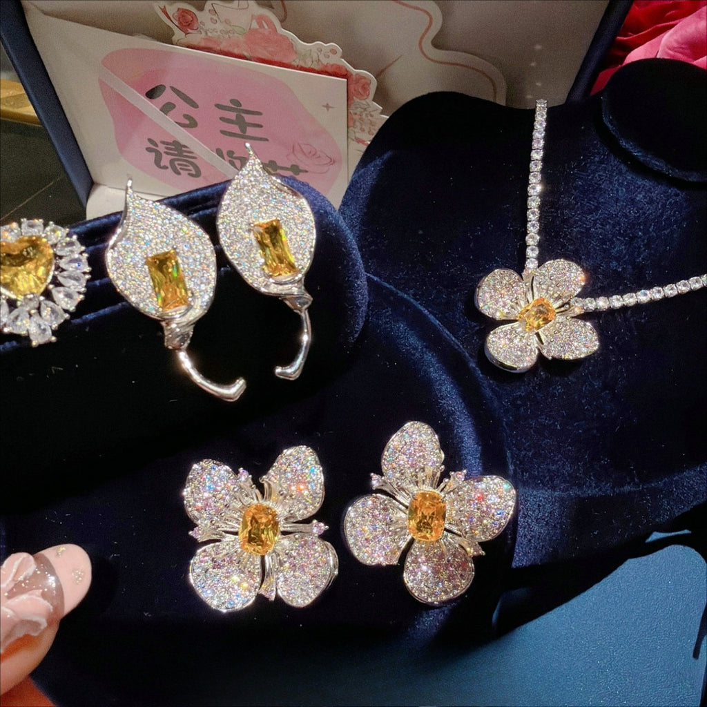 Luxury Yellow Jewel-Tone Cushion-Cut Flower Jewelry Set