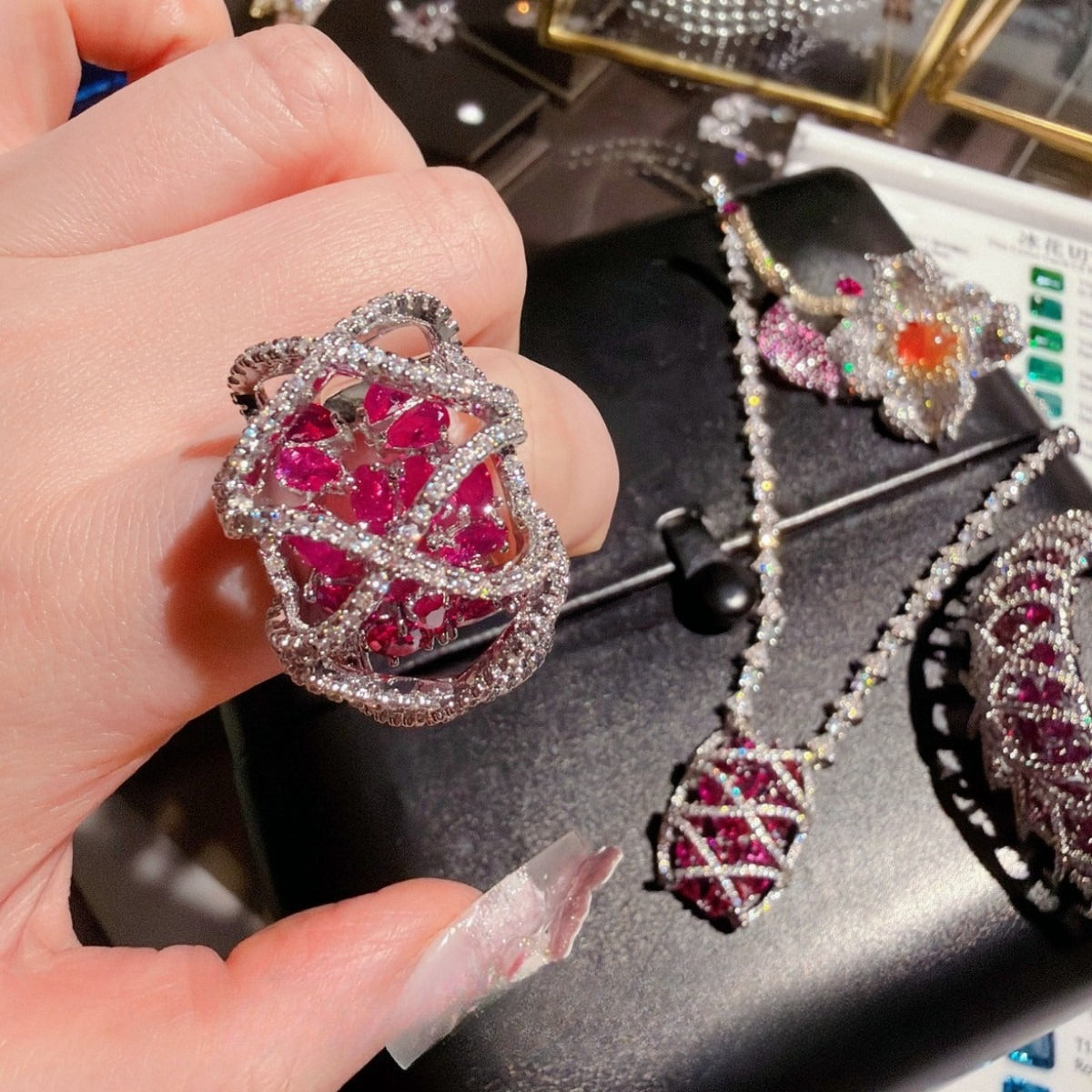 Art Deco Ruby Crimson Gala Set|Majestic 18K Gold Plated Statement Jewelry