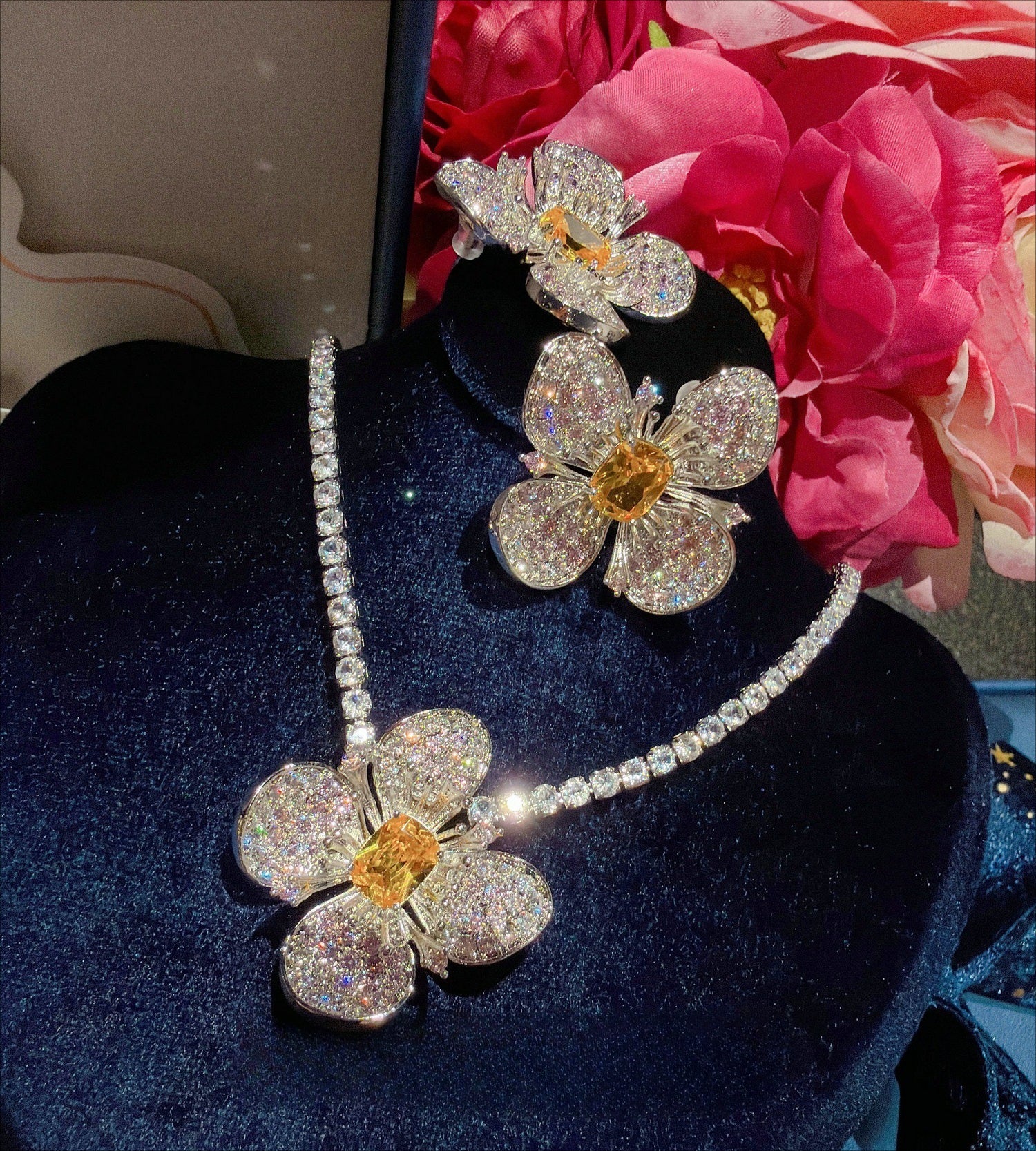 Luxury Yellow Jewel-Tone Cushion-Cut Flower Jewelry Set