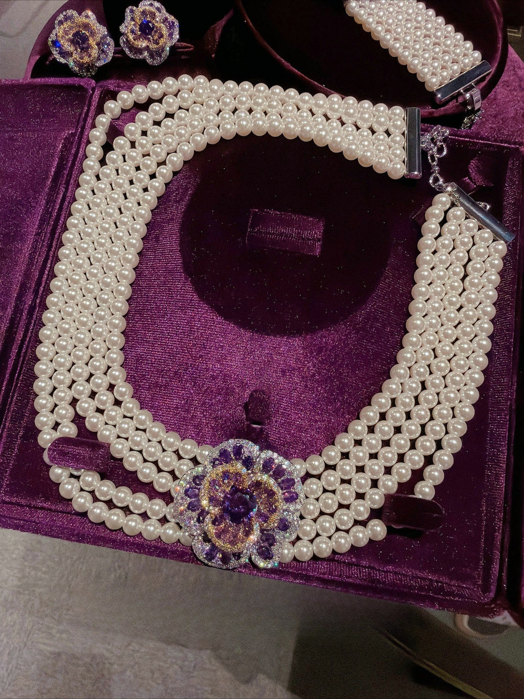 Royal Amethyst Floral Pearl Statement Jewelry Set