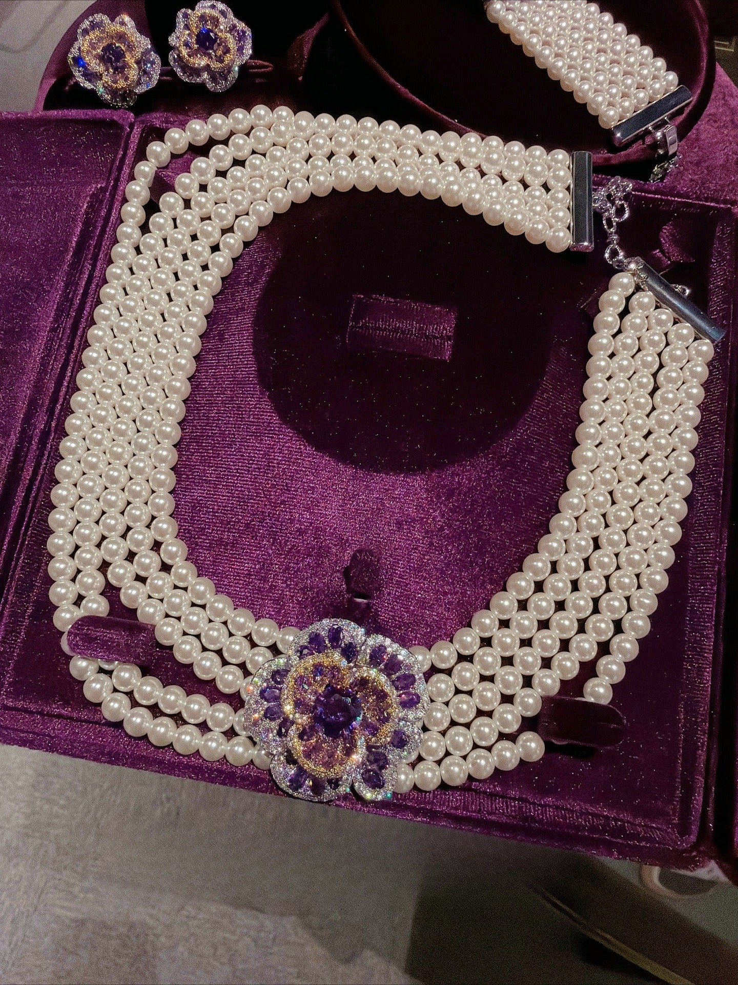 Royal Amethyst Floral Pearl Statement Jewelry Set