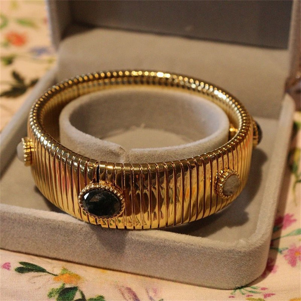 Vintage Mixed Natural Gemstone Gold Plated Cuff Bracelet