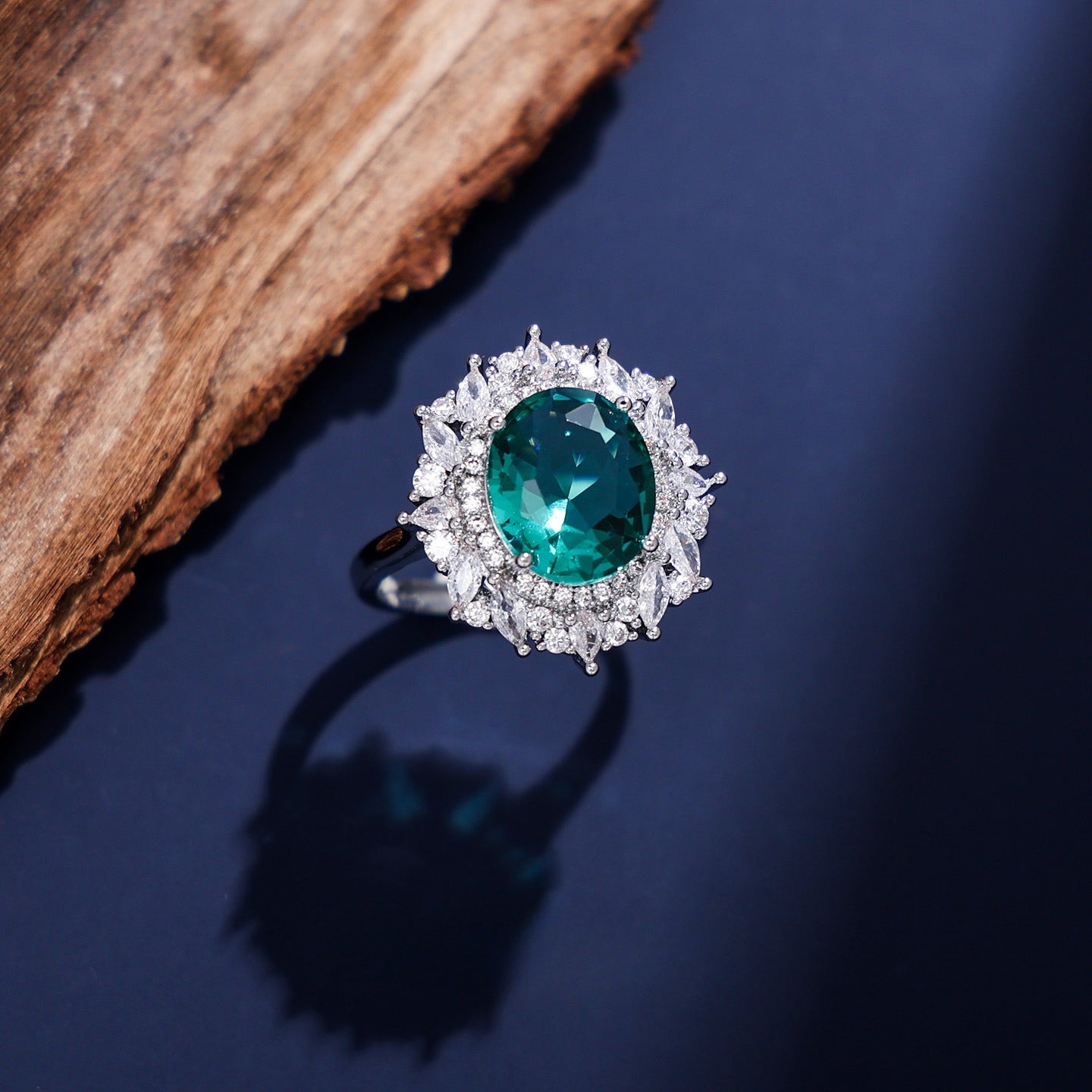 Royal Oval Gemstone-Tone Sunburst Halo Ring