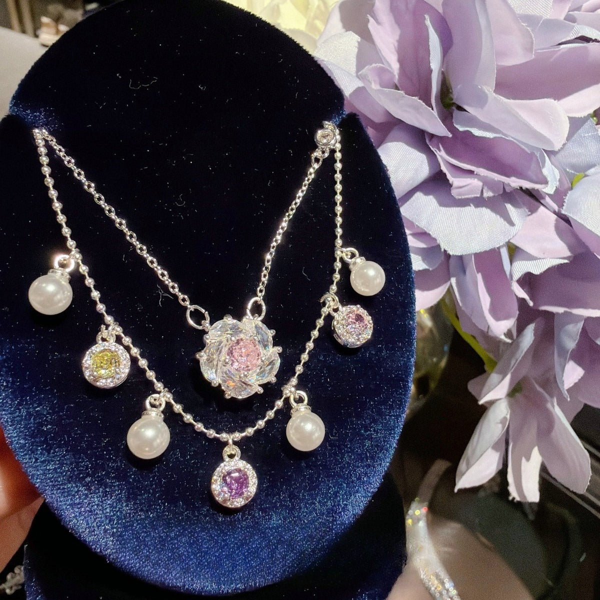 Parisian Garden Chime|Layered Pearl Camellia Charm Necklace