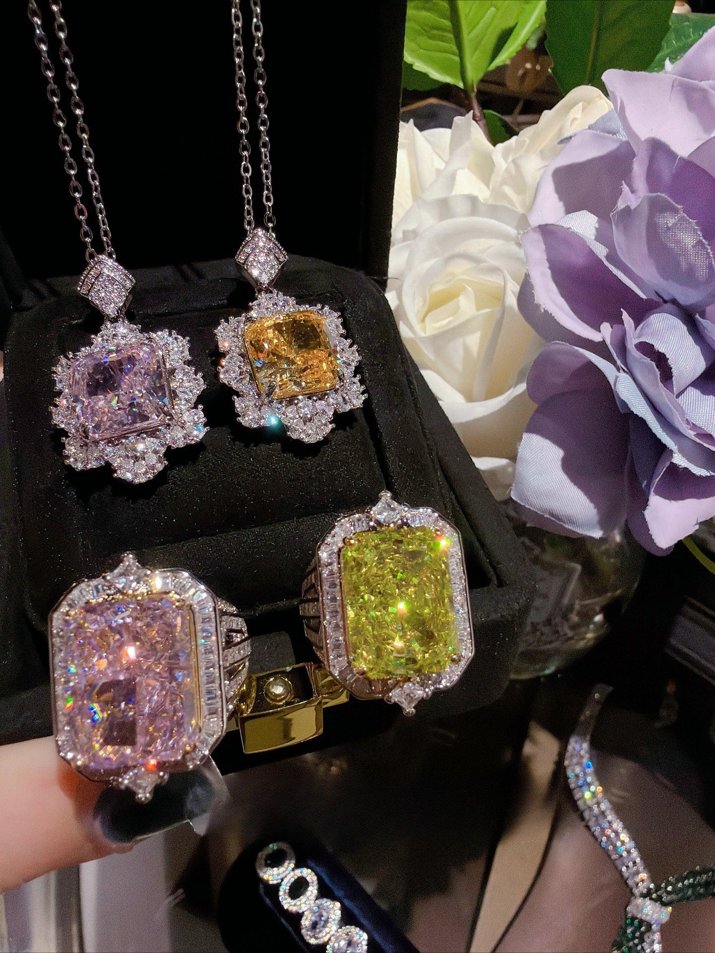 18K Gold-Plated Cushion-Cut Petal Halo Necklace & Ring