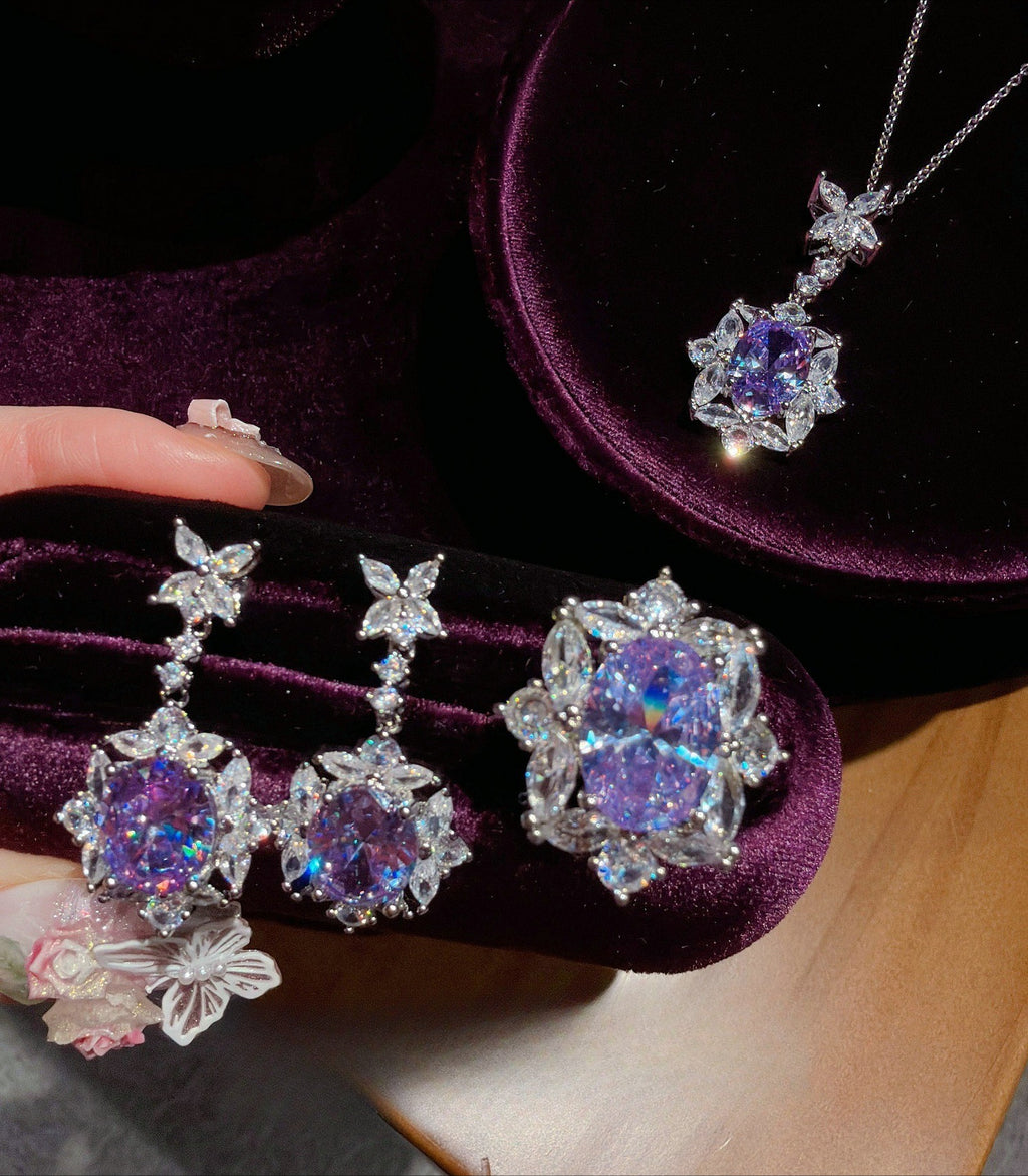 Ethereal Purple Blossom Layered Violet CZ Jewelry Set