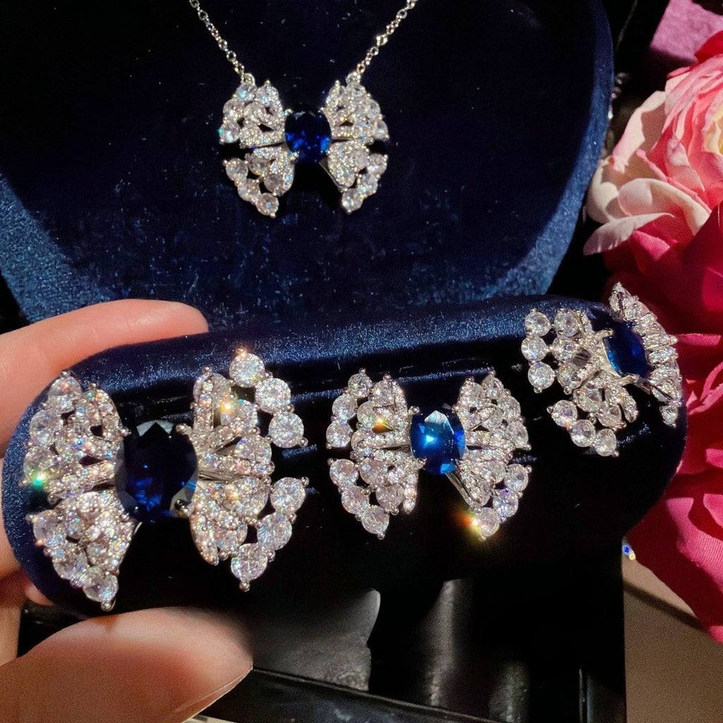 Elegant Sapphire Blue Bow Full Pave Jewelry Set