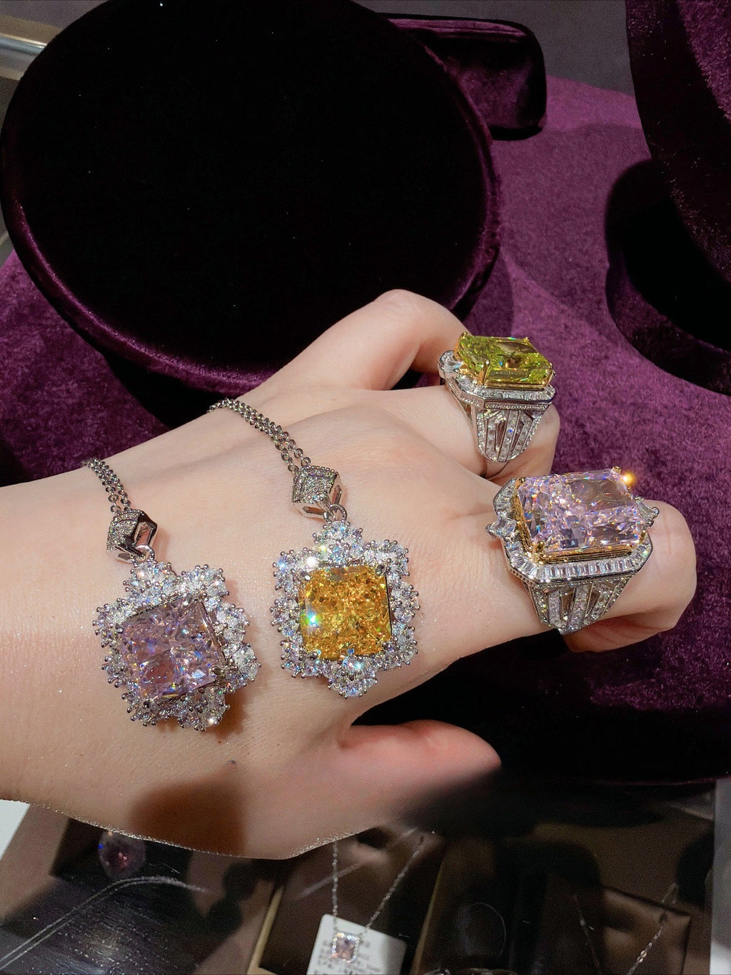 18K Gold-Plated Cushion-Cut Petal Halo Necklace & Ring