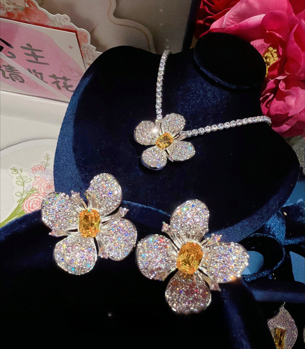 Luxury Yellow Jewel-Tone Cushion-Cut Flower Jewelry Set