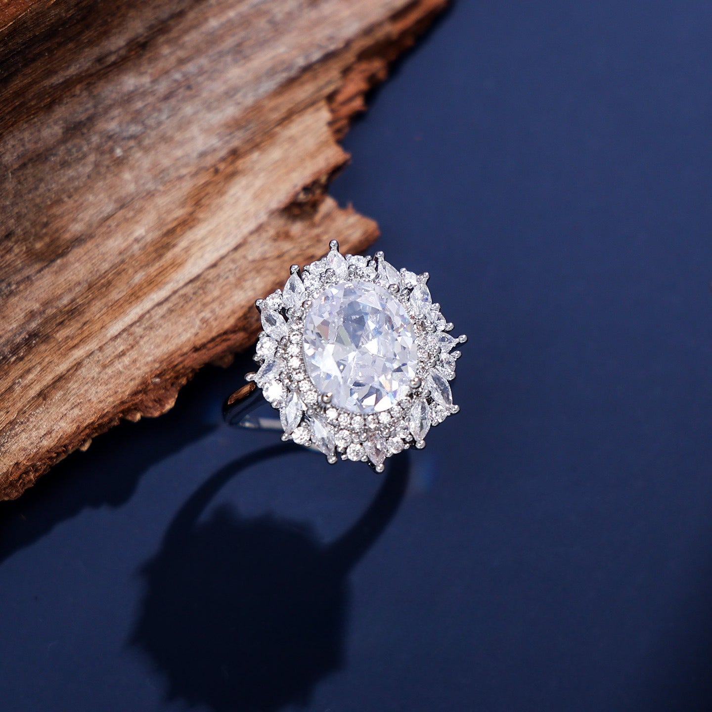 Royal Oval Gemstone-Tone Sunburst Halo Ring