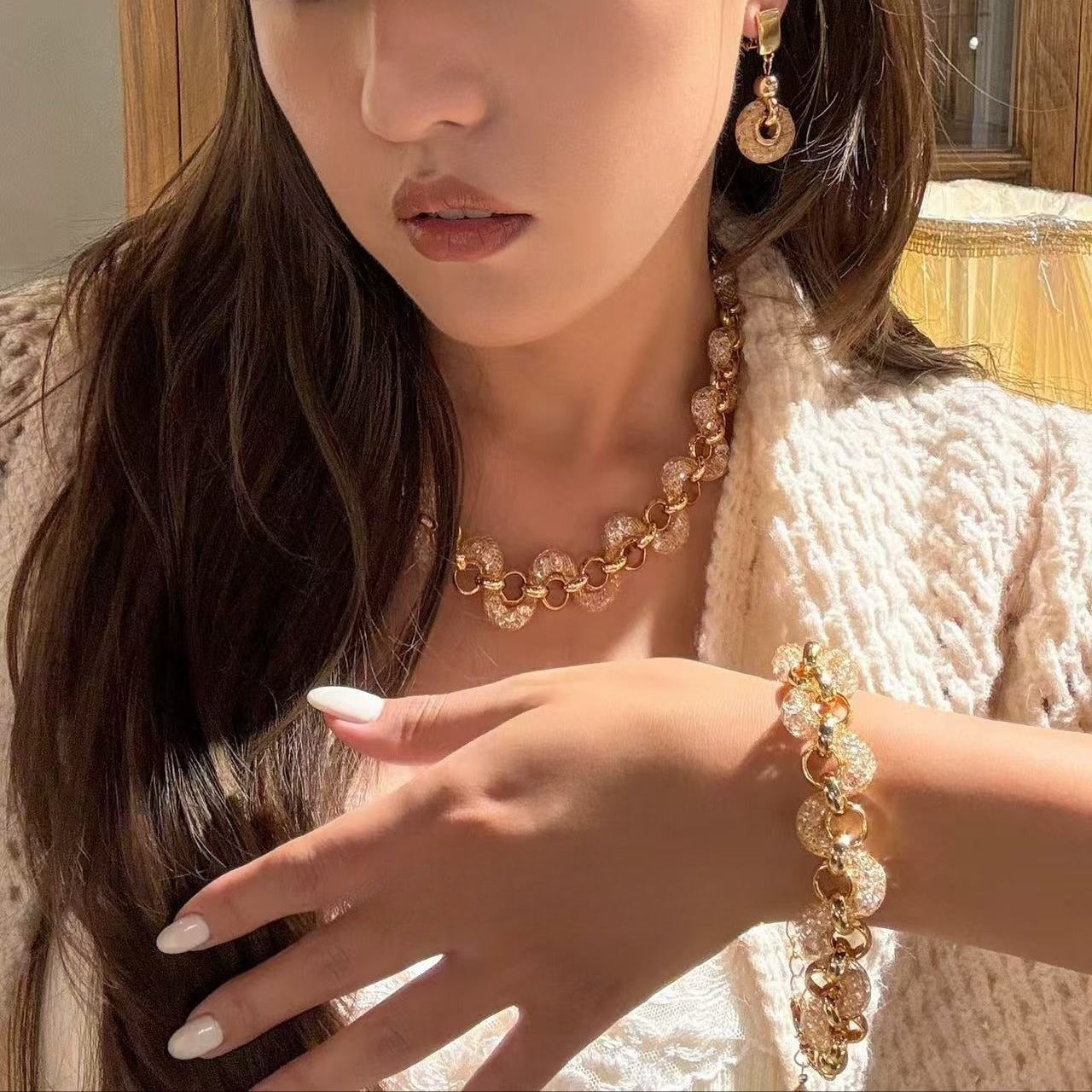 Gilded Hourglass Mesh Set|Floating Diamond-Encrusted Luxury Jewelry