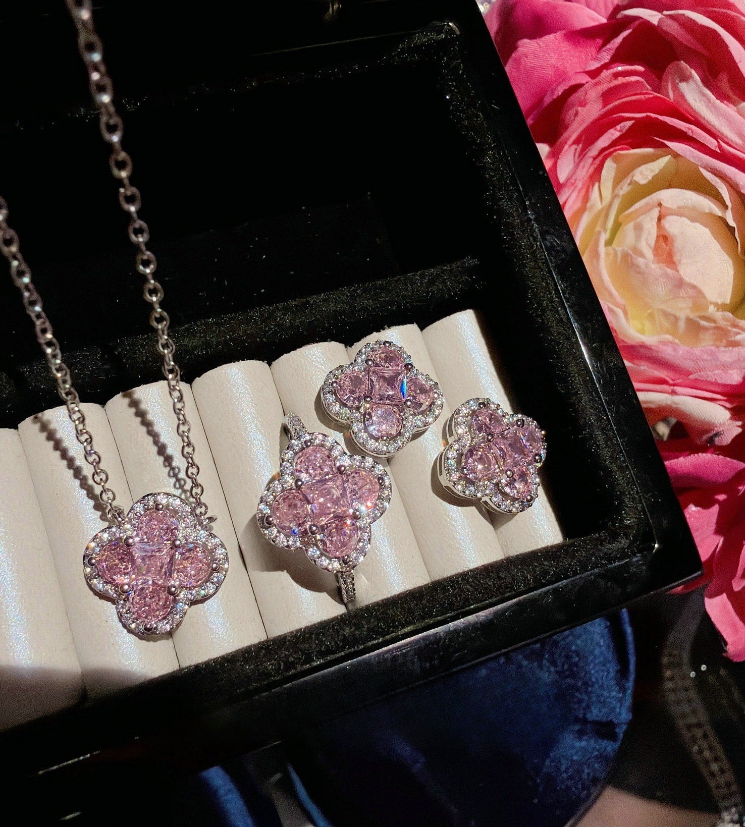 Blush Pink Four-Leaf Clover Full Pavé 18K Gold Plated Jewelry Set