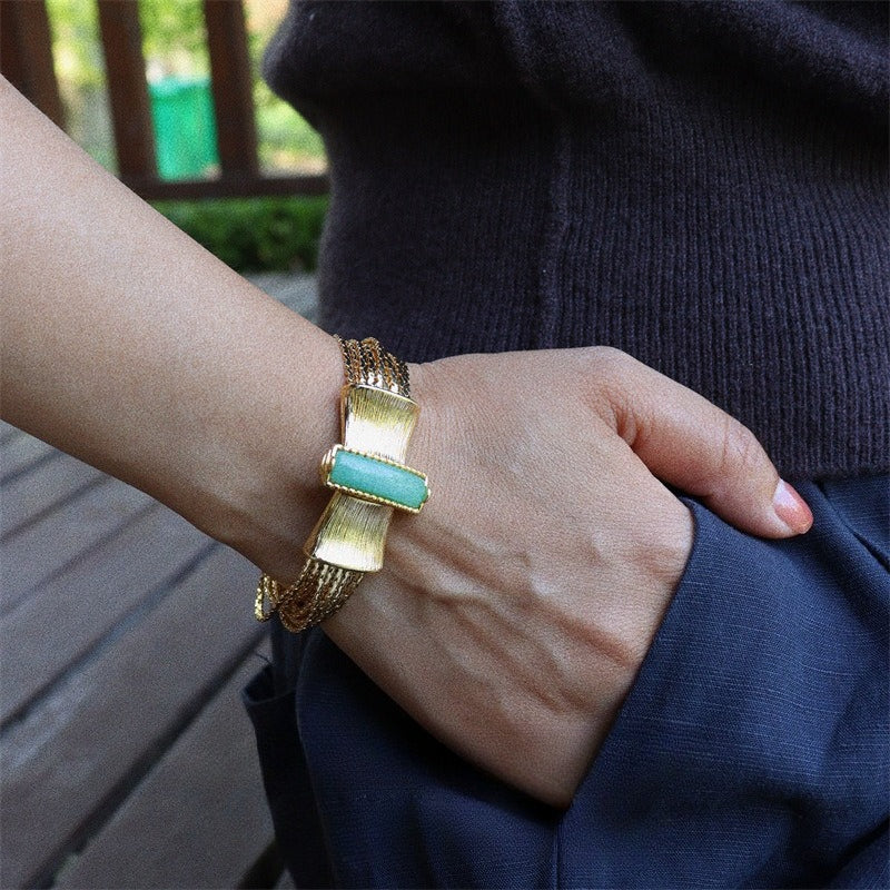 Mid-Century Liquid Gold Ribbon Natural Stone Necklace & Bracelet