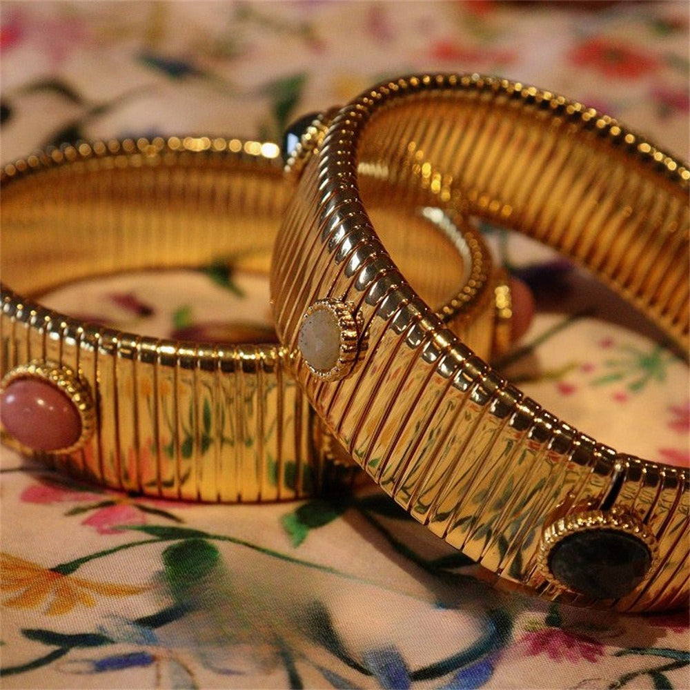 Vintage Mixed Natural Gemstone Gold Plated Cuff Bracelet
