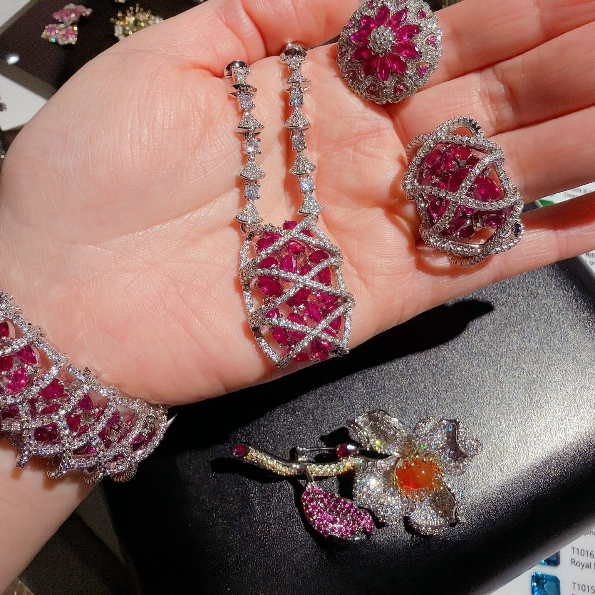 Art Deco Ruby Crimson Gala Set|Majestic 18K Gold Plated Statement Jewelry